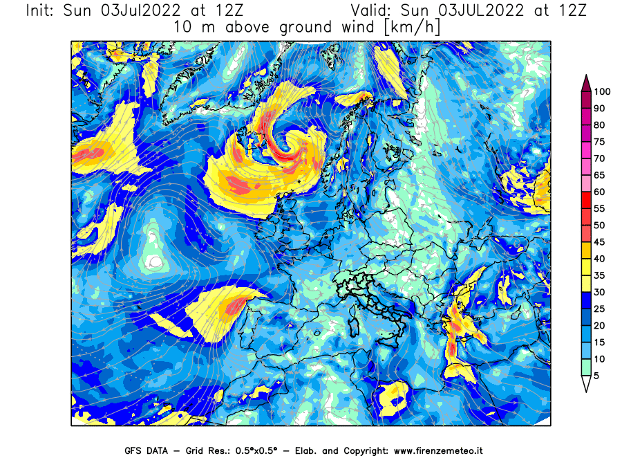 Mappa di analisi GFS - Velocità del vento a 10 metri dal suolo [km/h] in Europa
							del 03/07/2022 12 <!--googleoff: index-->UTC<!--googleon: index-->