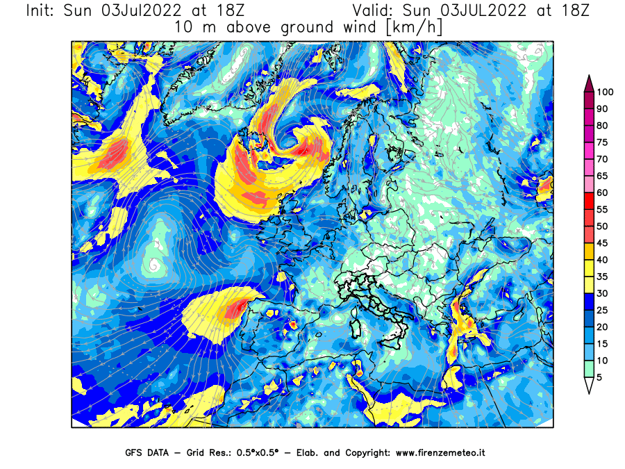 GFS analysi map - Wind Speed at 10 m above ground [km/h] in Europe
									on 03/07/2022 18 <!--googleoff: index-->UTC<!--googleon: index-->