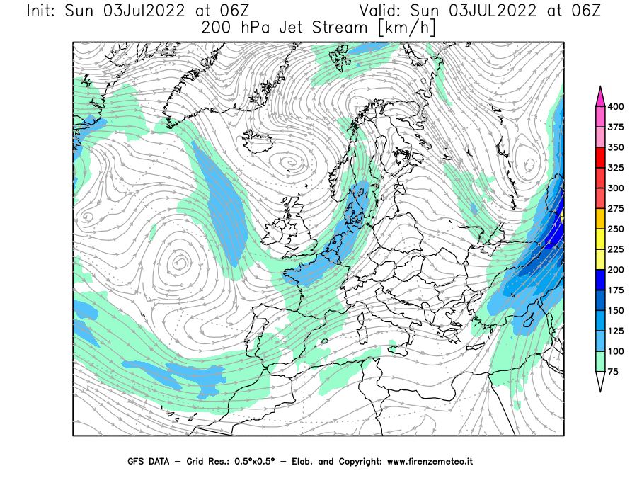 GFS analysi map - Jet Stream at 200 hPa in Europe
									on 03/07/2022 06 <!--googleoff: index-->UTC<!--googleon: index-->