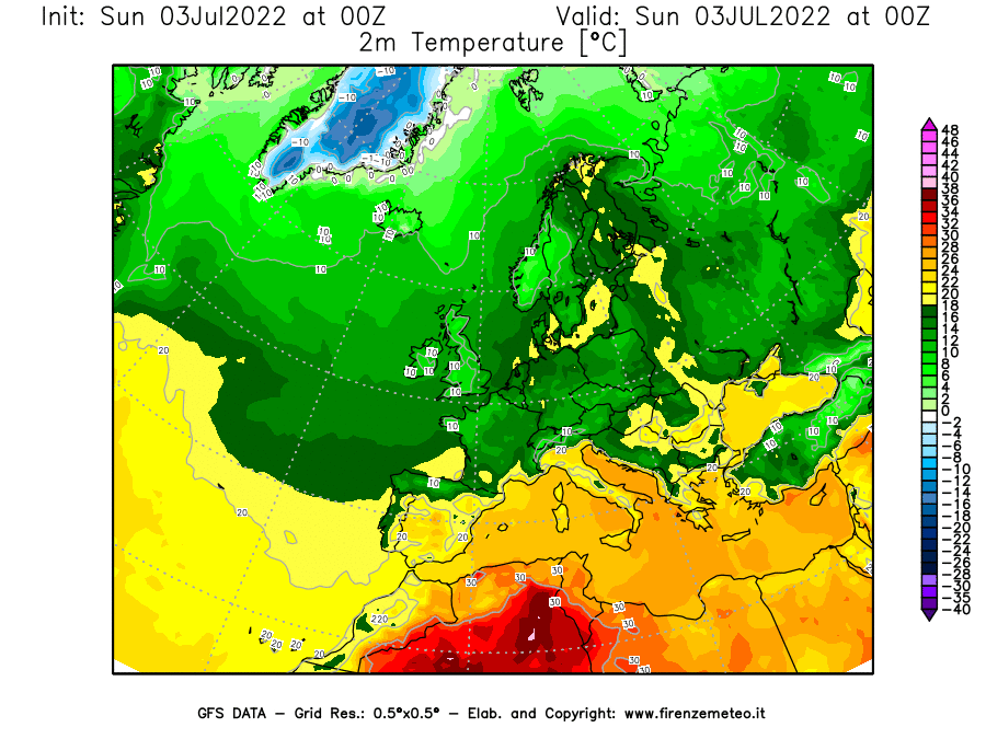 Mappa di analisi GFS - Temperatura a 2 metri dal suolo [°C] in Europa
							del 03/07/2022 00 <!--googleoff: index-->UTC<!--googleon: index-->