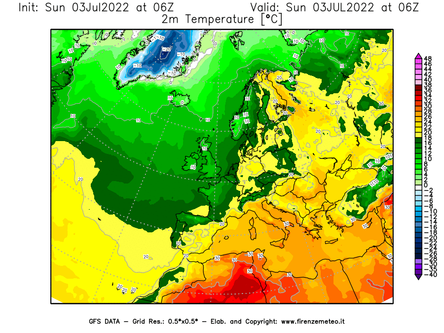 Mappa di analisi GFS - Temperatura a 2 metri dal suolo [°C] in Europa
							del 03/07/2022 06 <!--googleoff: index-->UTC<!--googleon: index-->