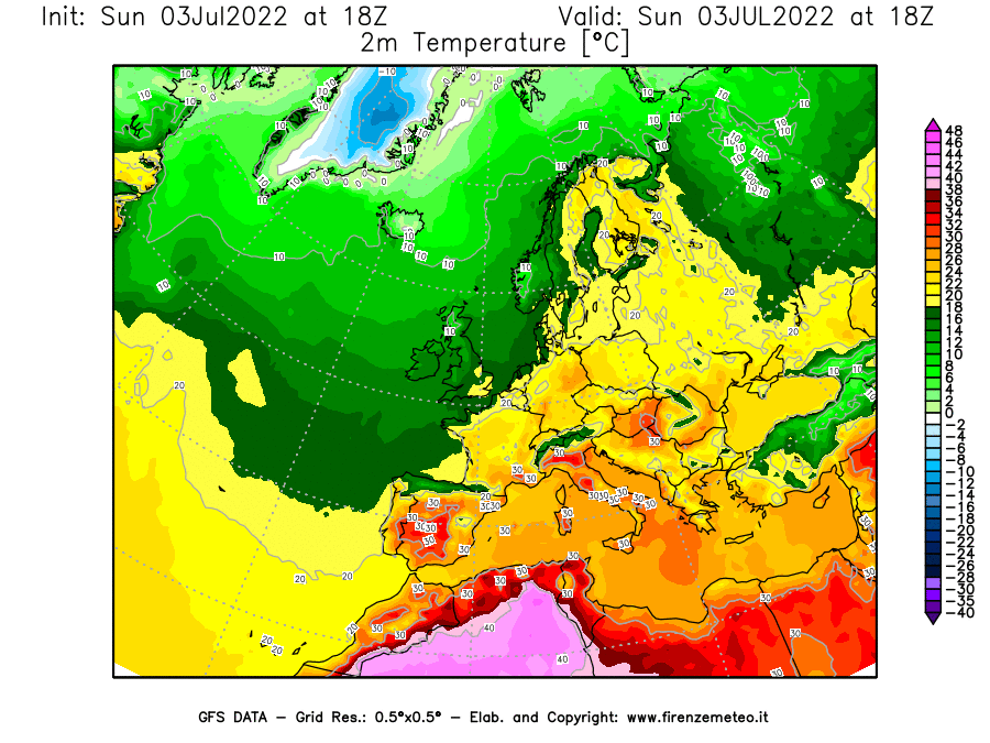 Mappa di analisi GFS - Temperatura a 2 metri dal suolo [°C] in Europa
							del 03/07/2022 18 <!--googleoff: index-->UTC<!--googleon: index-->