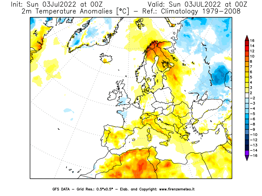 GFS analysi map - Temperature Anomalies [°C] at 2 m in Europe
									on 03/07/2022 00 <!--googleoff: index-->UTC<!--googleon: index-->