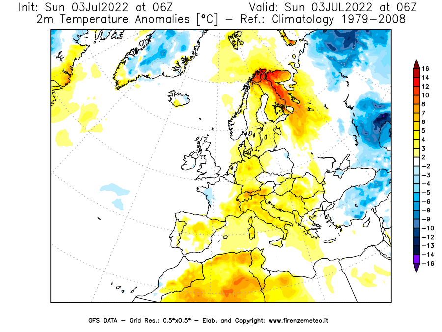 Mappa di analisi GFS - Anomalia Temperatura [°C] a 2 m in Europa
							del 03/07/2022 06 <!--googleoff: index-->UTC<!--googleon: index-->