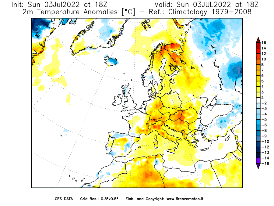 GFS analysi map - Temperature Anomalies [°C] at 2 m in Europe
									on 03/07/2022 18 <!--googleoff: index-->UTC<!--googleon: index-->