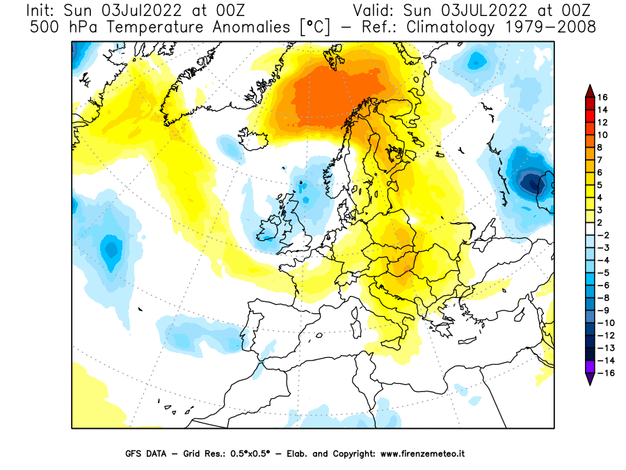 GFS analysi map - Temperature Anomalies [°C] at 500 hPa in Europe
									on 03/07/2022 00 <!--googleoff: index-->UTC<!--googleon: index-->