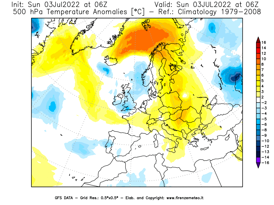Mappa di analisi GFS - Anomalia Temperatura [°C] a 500 hPa in Europa
							del 03/07/2022 06 <!--googleoff: index-->UTC<!--googleon: index-->