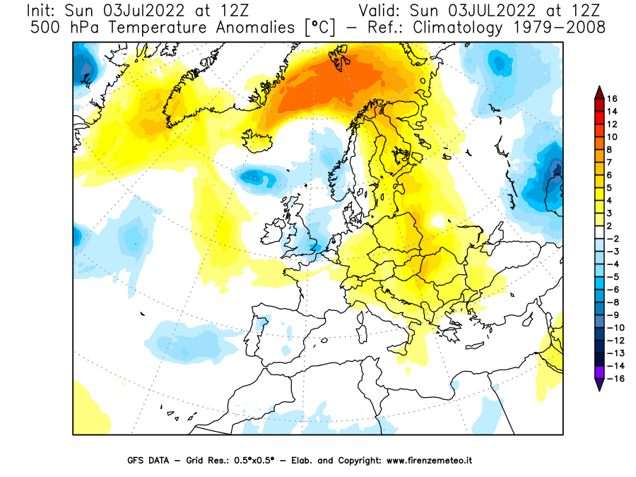 Mappa di analisi GFS - Anomalia Temperatura [°C] a 500 hPa in Europa
							del 03/07/2022 12 <!--googleoff: index-->UTC<!--googleon: index-->