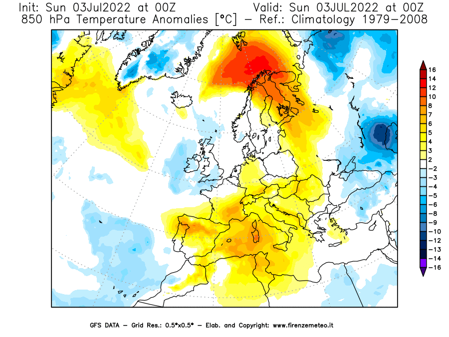 Mappa di analisi GFS - Anomalia Temperatura [°C] a 850 hPa in Europa
							del 03/07/2022 00 <!--googleoff: index-->UTC<!--googleon: index-->