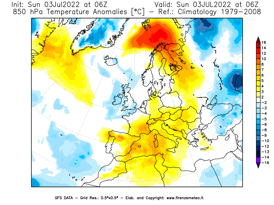 Mappa di analisi GFS - Anomalia Temperatura [°C] a 850 hPa in Europa
							del 03/07/2022 06 <!--googleoff: index-->UTC<!--googleon: index-->