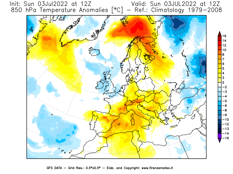 Mappa di analisi GFS - Anomalia Temperatura [°C] a 850 hPa in Europa
							del 03/07/2022 12 <!--googleoff: index-->UTC<!--googleon: index-->