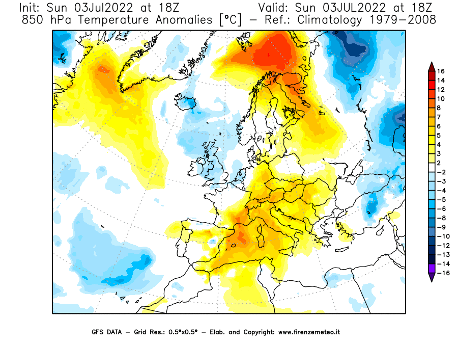 Mappa di analisi GFS - Anomalia Temperatura [°C] a 850 hPa in Europa
							del 03/07/2022 18 <!--googleoff: index-->UTC<!--googleon: index-->