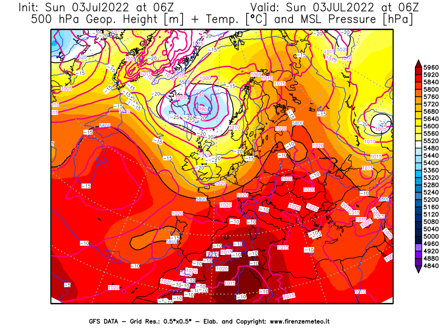 GFS analysi map - Geopotential [m] + Temp. [°C] at 500 hPa + Sea Level Pressure [hPa] in Europe
									on 03/07/2022 06 <!--googleoff: index-->UTC<!--googleon: index-->