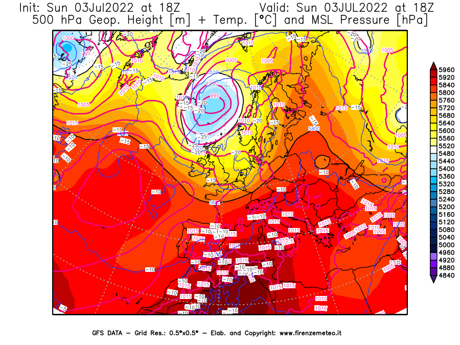 GFS analysi map - Geopotential [m] + Temp. [°C] at 500 hPa + Sea Level Pressure [hPa] in Europe
									on 03/07/2022 18 <!--googleoff: index-->UTC<!--googleon: index-->