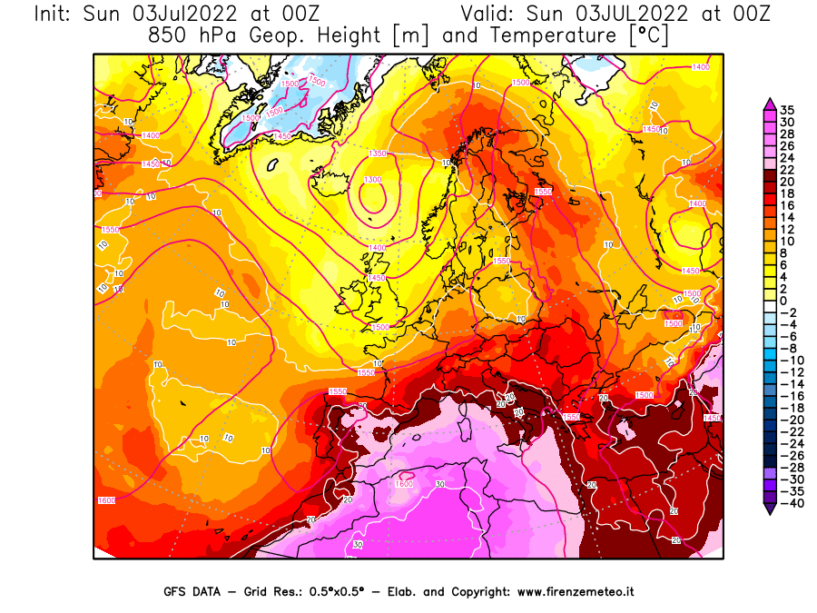 GFS analysi map - Geopotential [m] and Temperature [°C] at 850 hPa in Europe
									on 03/07/2022 00 <!--googleoff: index-->UTC<!--googleon: index-->