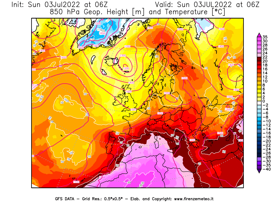 GFS analysi map - Geopotential [m] and Temperature [°C] at 850 hPa in Europe
									on 03/07/2022 06 <!--googleoff: index-->UTC<!--googleon: index-->
