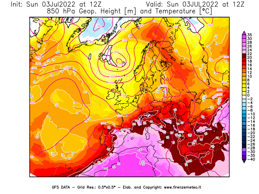 GFS analysi map - Geopotential [m] and Temperature [°C] at 850 hPa in Europe
									on 03/07/2022 12 <!--googleoff: index-->UTC<!--googleon: index-->