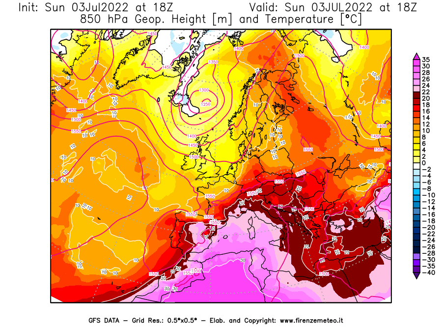 Mappa di analisi GFS - Geopotenziale [m] e Temperatura [°C] a 850 hPa in Europa
							del 03/07/2022 18 <!--googleoff: index-->UTC<!--googleon: index-->