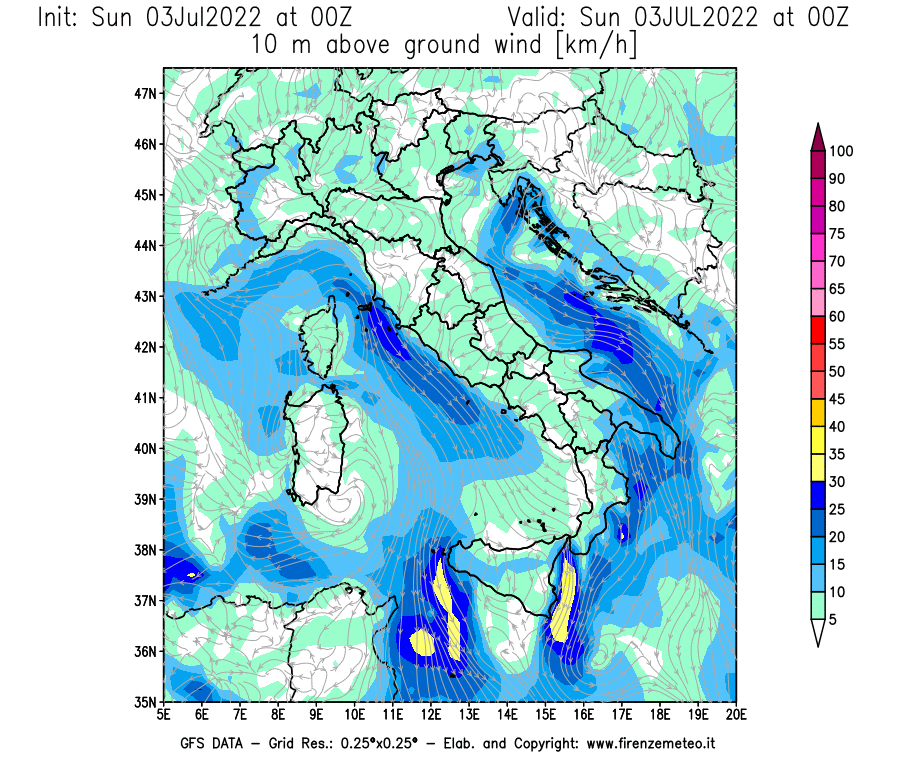 GFS analysi map - Wind Speed at 10 m above ground [km/h] in Italy
									on 03/07/2022 00 <!--googleoff: index-->UTC<!--googleon: index-->
