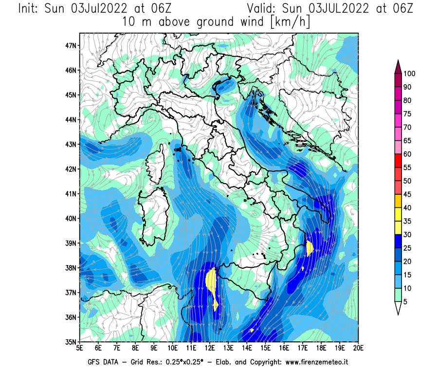 GFS analysi map - Wind Speed at 10 m above ground [km/h] in Italy
									on 03/07/2022 06 <!--googleoff: index-->UTC<!--googleon: index-->