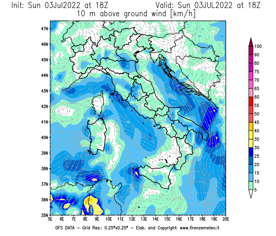 GFS analysi map - Wind Speed at 10 m above ground [km/h] in Italy
									on 03/07/2022 18 <!--googleoff: index-->UTC<!--googleon: index-->