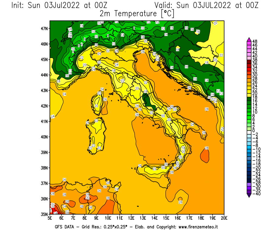 GFS analysi map - Temperature at 2 m above ground [°C] in Italy
									on 03/07/2022 00 <!--googleoff: index-->UTC<!--googleon: index-->