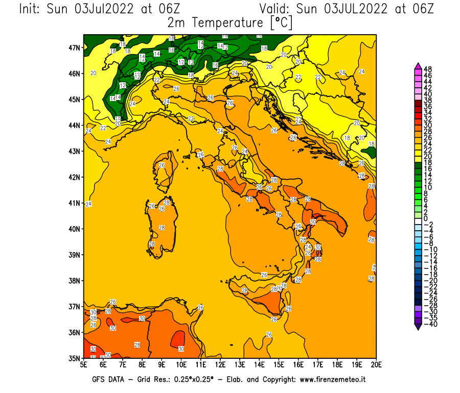 Mappa di analisi GFS - Temperatura a 2 metri dal suolo [°C] in Italia
							del 03/07/2022 06 <!--googleoff: index-->UTC<!--googleon: index-->