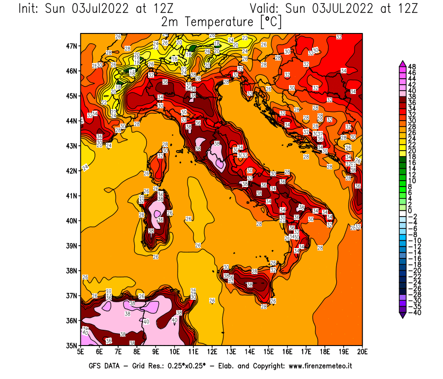 GFS analysi map - Temperature at 2 m above ground [°C] in Italy
									on 03/07/2022 12 <!--googleoff: index-->UTC<!--googleon: index-->