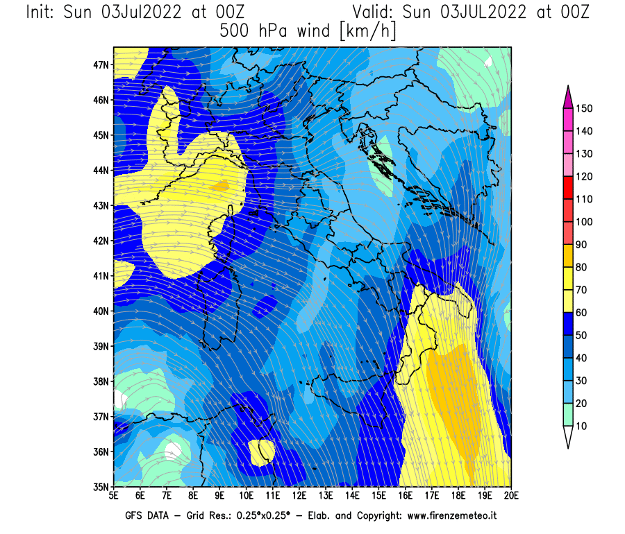 Mappa di analisi GFS - Velocità del vento a 500 hPa [km/h] in Italia
							del 03/07/2022 00 <!--googleoff: index-->UTC<!--googleon: index-->