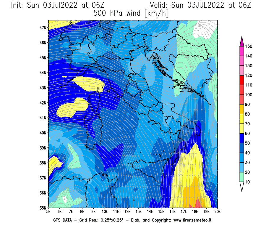Mappa di analisi GFS - Velocità del vento a 500 hPa [km/h] in Italia
							del 03/07/2022 06 <!--googleoff: index-->UTC<!--googleon: index-->