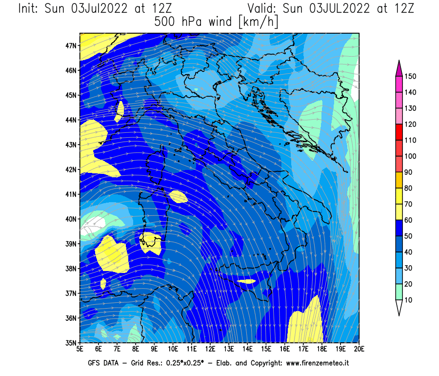Mappa di analisi GFS - Velocità del vento a 500 hPa [km/h] in Italia
							del 03/07/2022 12 <!--googleoff: index-->UTC<!--googleon: index-->