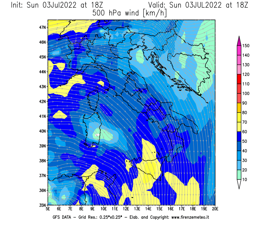 Mappa di analisi GFS - Velocità del vento a 500 hPa [km/h] in Italia
							del 03/07/2022 18 <!--googleoff: index-->UTC<!--googleon: index-->