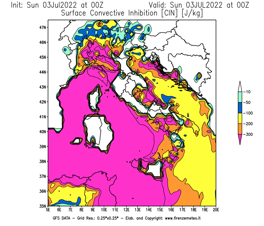 Mappa di analisi GFS - CIN [J/kg] in Italia
							del 03/07/2022 00 <!--googleoff: index-->UTC<!--googleon: index-->
