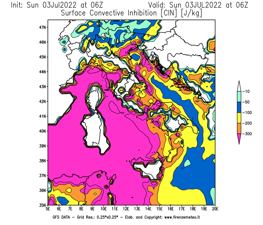 Mappa di analisi GFS - CIN [J/kg] in Italia
							del 03/07/2022 06 <!--googleoff: index-->UTC<!--googleon: index-->