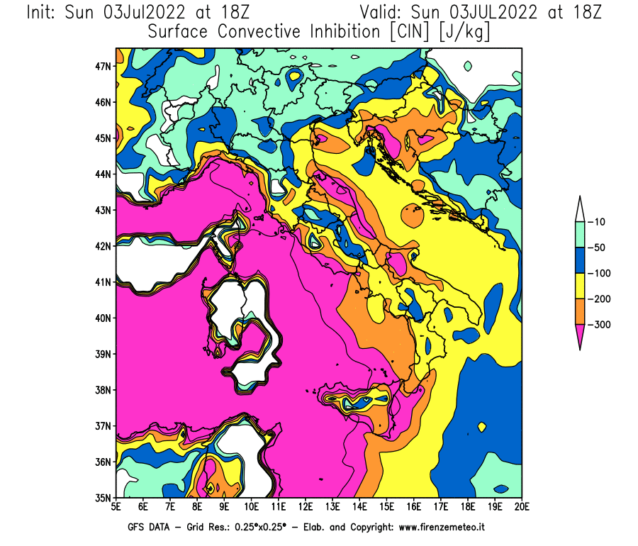 GFS analysi map - CIN [J/kg] in Italy
									on 03/07/2022 18 <!--googleoff: index-->UTC<!--googleon: index-->
