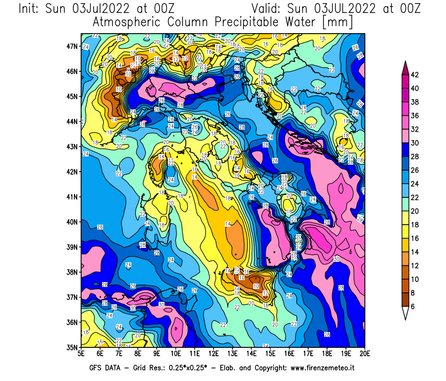 GFS analysi map - Precipitable Water [mm] in Italy
									on 03/07/2022 00 <!--googleoff: index-->UTC<!--googleon: index-->