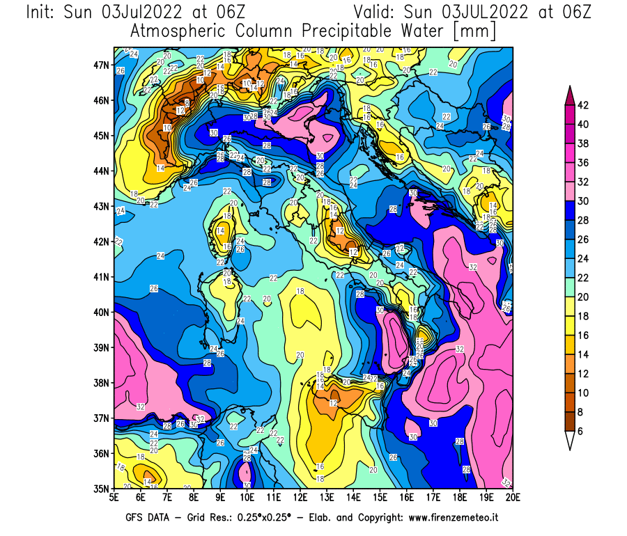 Mappa di analisi GFS - Precipitable Water [mm] in Italia
							del 03/07/2022 06 <!--googleoff: index-->UTC<!--googleon: index-->