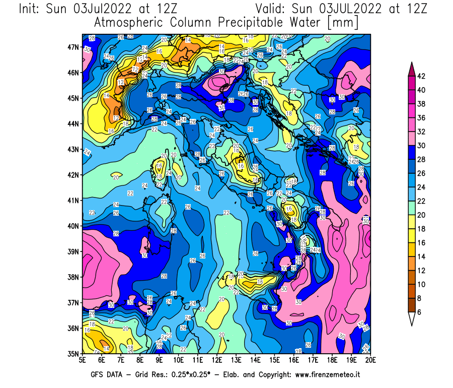 Mappa di analisi GFS - Precipitable Water [mm] in Italia
							del 03/07/2022 12 <!--googleoff: index-->UTC<!--googleon: index-->