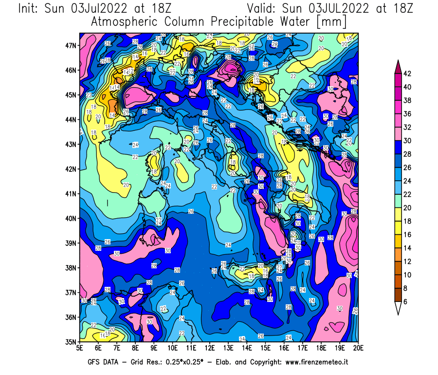 GFS analysi map - Precipitable Water [mm] in Italy
									on 03/07/2022 18 <!--googleoff: index-->UTC<!--googleon: index-->