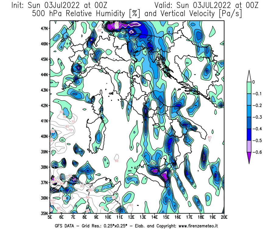 Mappa di analisi GFS - Umidità relativa [%] e Omega [Pa/s] a 500 hPa in Italia
							del 03/07/2022 00 <!--googleoff: index-->UTC<!--googleon: index-->