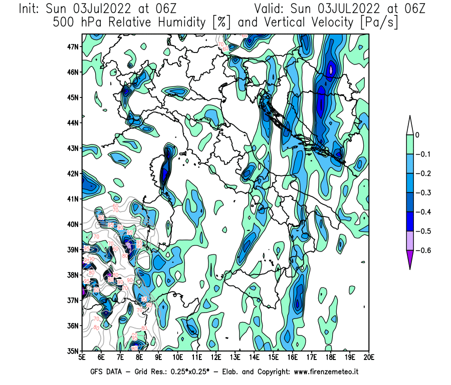 Mappa di analisi GFS - Umidità relativa [%] e Omega [Pa/s] a 500 hPa in Italia
							del 03/07/2022 06 <!--googleoff: index-->UTC<!--googleon: index-->