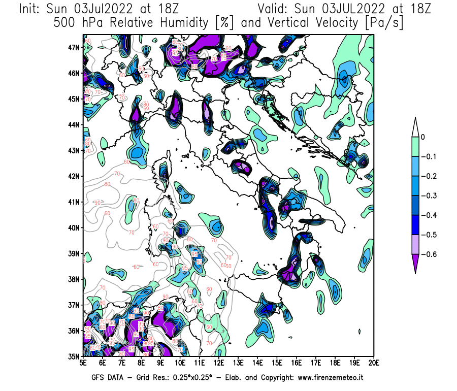 Mappa di analisi GFS - Umidità relativa [%] e Omega [Pa/s] a 500 hPa in Italia
							del 03/07/2022 18 <!--googleoff: index-->UTC<!--googleon: index-->