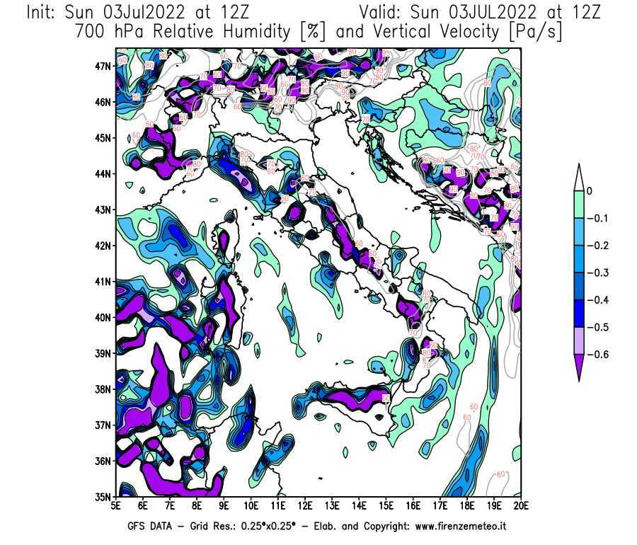 Mappa di analisi GFS - Umidità relativa [%] e Omega [Pa/s] a 700 hPa in Italia
							del 03/07/2022 12 <!--googleoff: index-->UTC<!--googleon: index-->