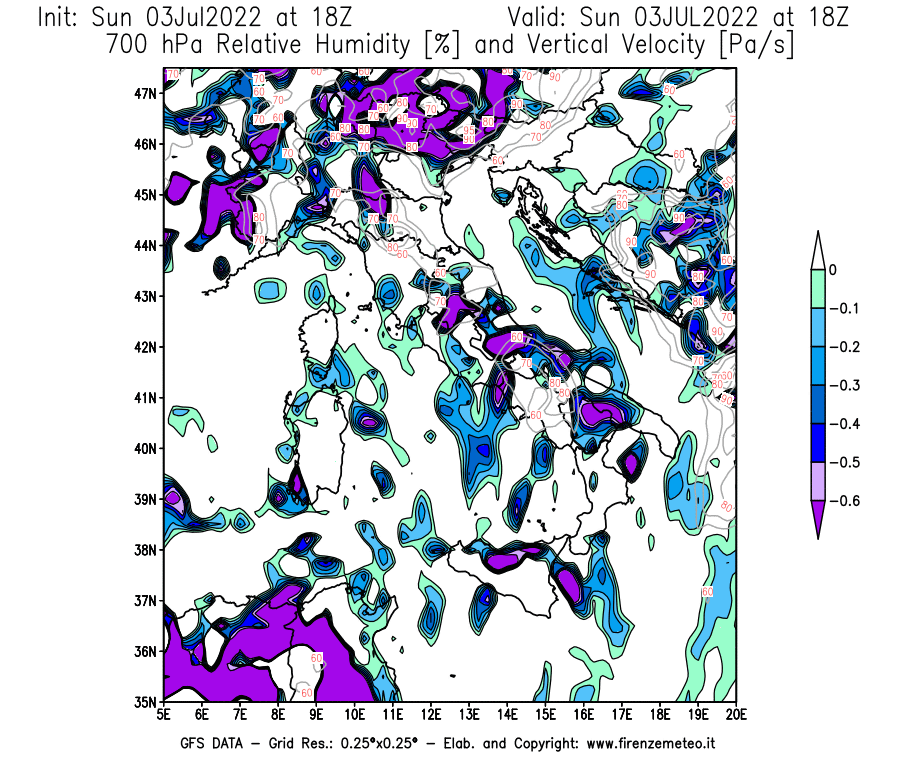 Mappa di analisi GFS - Umidità relativa [%] e Omega [Pa/s] a 700 hPa in Italia
							del 03/07/2022 18 <!--googleoff: index-->UTC<!--googleon: index-->