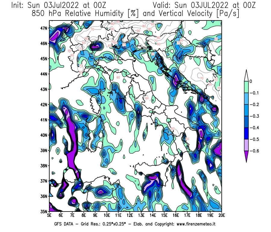 Mappa di analisi GFS - Umidità relativa [%] e Omega [Pa/s] a 850 hPa in Italia
							del 03/07/2022 00 <!--googleoff: index-->UTC<!--googleon: index-->