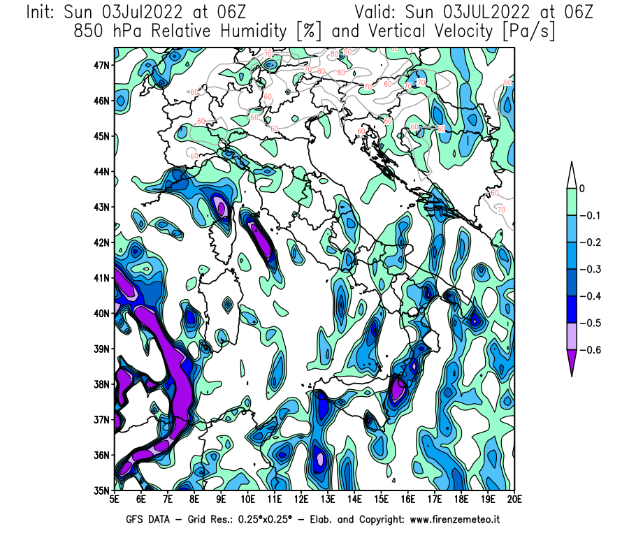 Mappa di analisi GFS - Umidità relativa [%] e Omega [Pa/s] a 850 hPa in Italia
							del 03/07/2022 06 <!--googleoff: index-->UTC<!--googleon: index-->