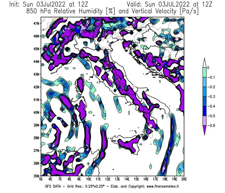 Mappa di analisi GFS - Umidità relativa [%] e Omega [Pa/s] a 850 hPa in Italia
							del 03/07/2022 12 <!--googleoff: index-->UTC<!--googleon: index-->