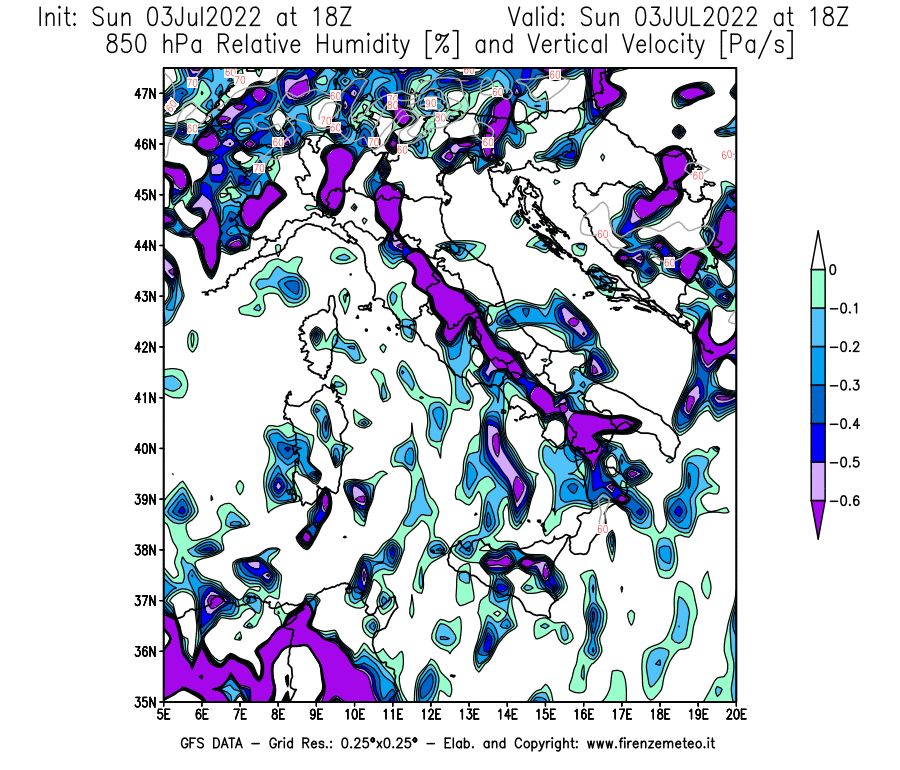 Mappa di analisi GFS - Umidità relativa [%] e Omega [Pa/s] a 850 hPa in Italia
							del 03/07/2022 18 <!--googleoff: index-->UTC<!--googleon: index-->