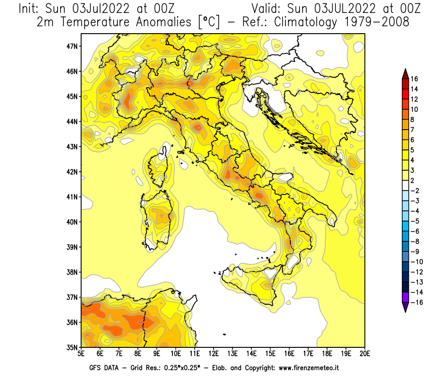 Mappa di analisi GFS - Anomalia Temperatura [°C] a 2 m in Italia
							del 03/07/2022 00 <!--googleoff: index-->UTC<!--googleon: index-->