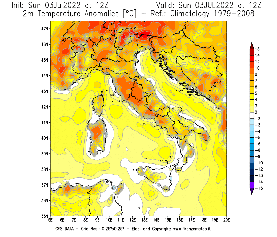 Mappa di analisi GFS - Anomalia Temperatura [°C] a 2 m in Italia
							del 03/07/2022 12 <!--googleoff: index-->UTC<!--googleon: index-->